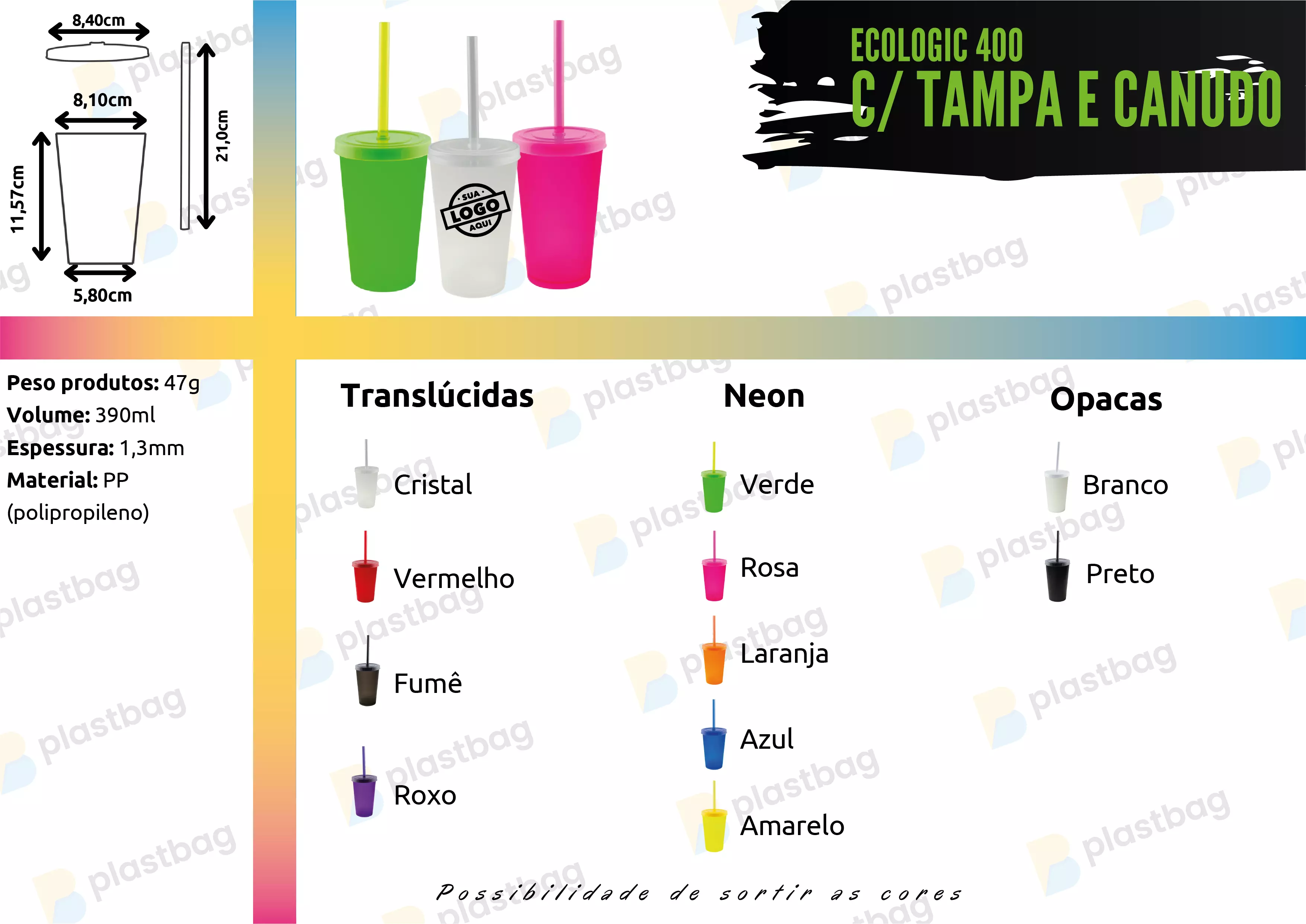 Copo Ecologic 400 com Tampa e Canudo Personalizado