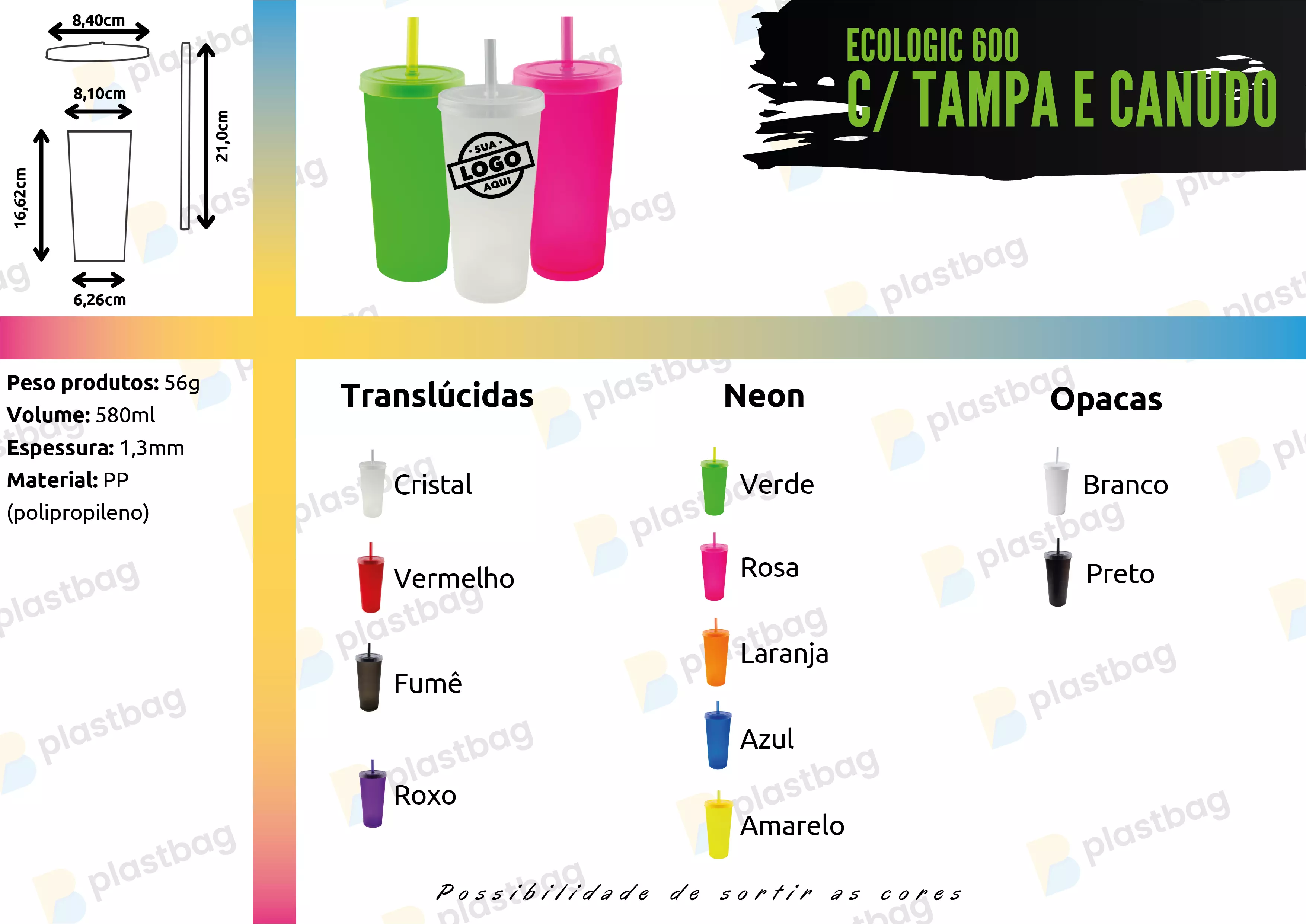 Copo Ecologic 600 com Tampa e Canudo Personalizado