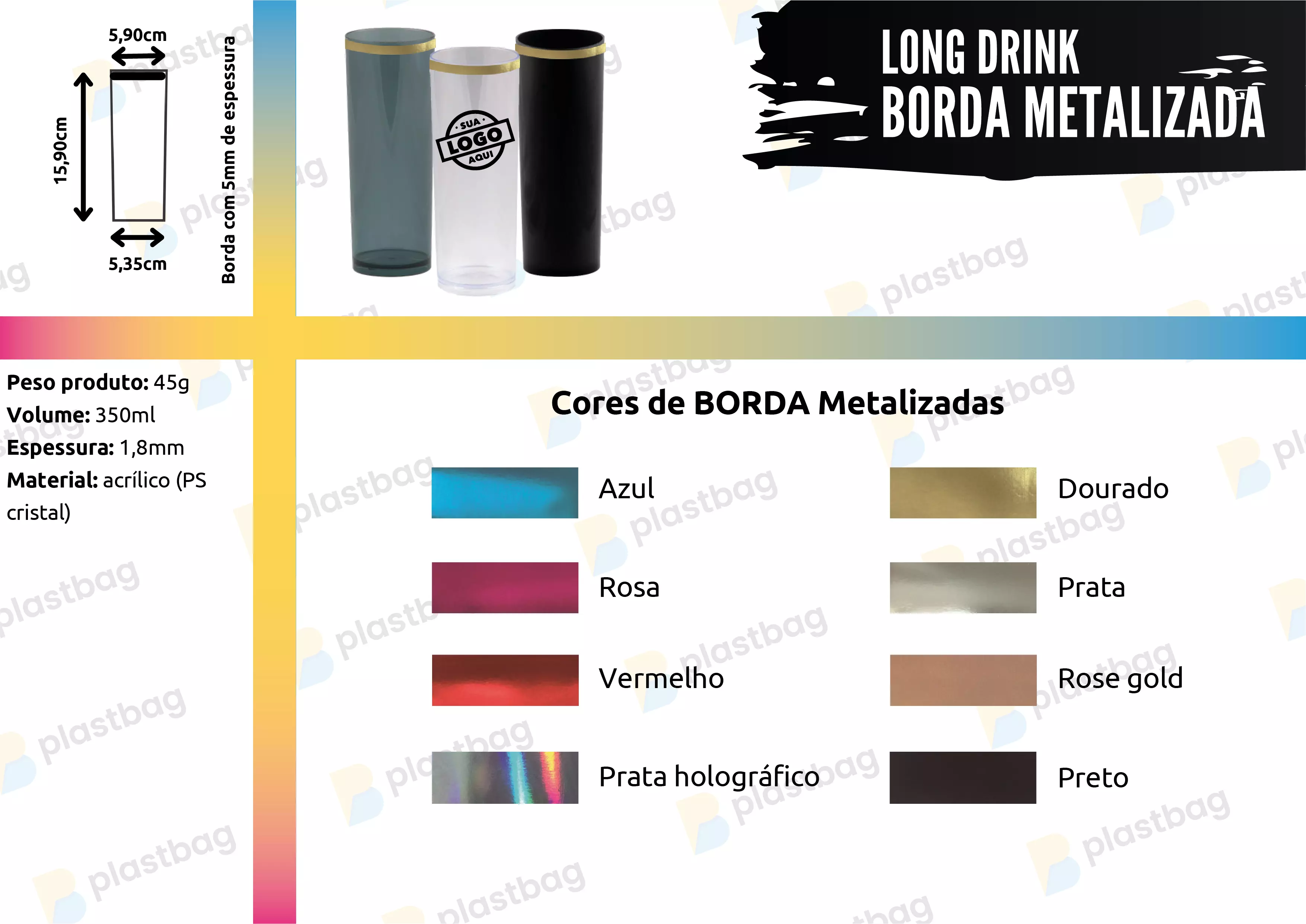 Copo Long Drink com Borda Metalizada Personalizado