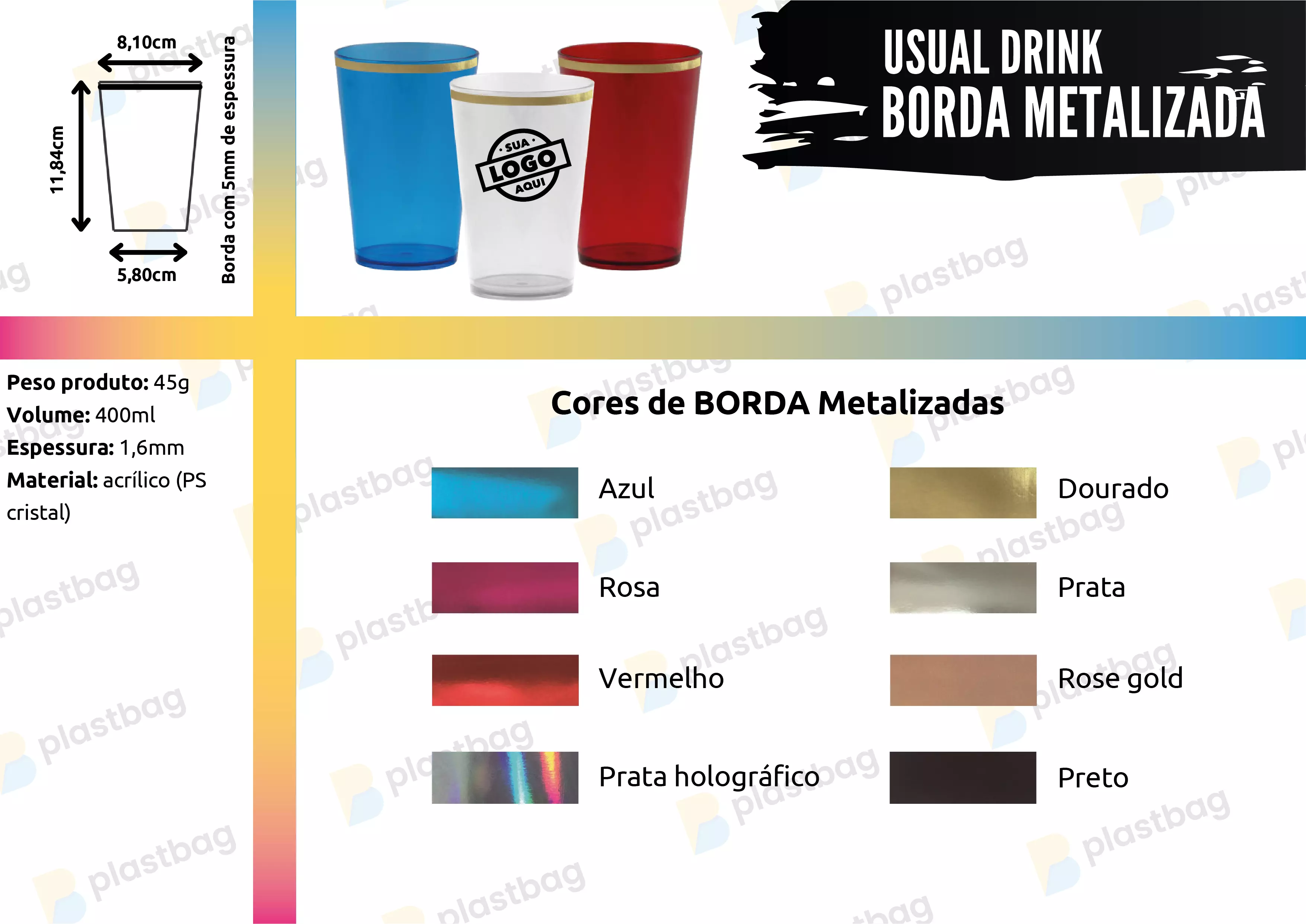 Copo Usual Drink com Borda Metalizada Personalizado